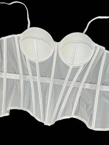 Women's Solid Color Corset-Style Brown Backless Mesh Camisole With Bra, Autumn/Winter Lingerie Casual White Summer - White - View 5