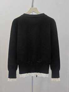 Red Knitted Sweater For Women, Korean Design With Ruffle Trim And Tie, Long Sleeve Pullover Top, Autumn/Winter Black - Black - View 9