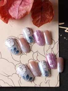 10片装亚克力按压式美甲贴片，重工蓝色花朵蝴蝶结美甲用品，按压式短指甲，假指甲，人造指甲套装，包含1张粘合贴片和1个迷你指甲锉。 - 彩色 - 查看 3