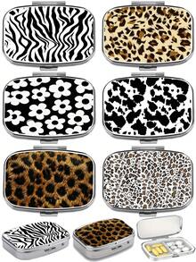 2-Compartment Leopard Print & Black White Pattern Polypropylene Pill Box, Portable Square Vitamin Case, Decorative Medication Storage Gift Box Suitable For Wallet And Travel