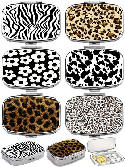2-Compartment Leopard Print & Black White Pattern Polypropylene Pill Box, Portable Square Vitamin Case, Decorative Medication Storage Gift Box Suitable For Wallet And Travel