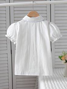 Girls' Collared Short Puff Sleeve Blouse, Summer - White - View 2