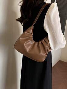 时尚单肩包，褶皱清新纯色手提包，腋下设计，春秋季 - 咖啡棕 - 查看 2