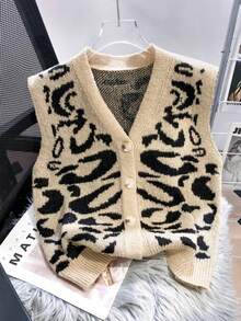 New V-Neck Leopard Print Knit Vest Women, Single-Breasted Short Cropped Tank Top, Retro Chic Style Slim Fit Layering Camisole - Multicolor - View 5