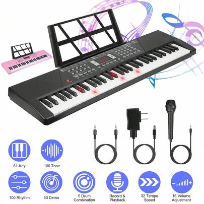 61 Key Piano Toy For Kids - Multifunctional Electronic Keyboard With 100 Tones/Rhythms, Light-Up Keys, Microphone & Sheet Music Stand, Educational Musical Instrument Gift For Boys Girls