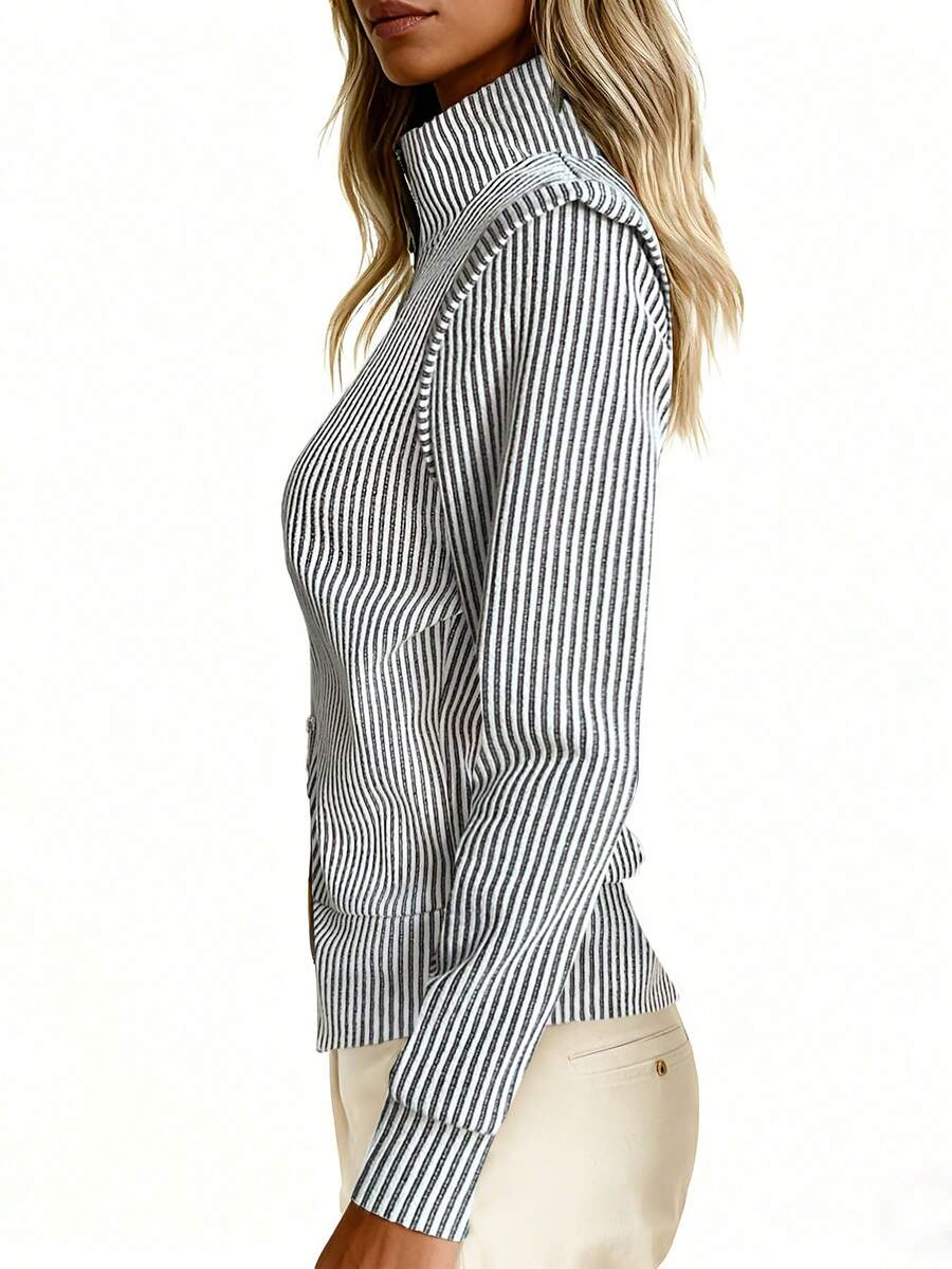 This Fashionable Women's Knit Striped Top Features A Stand Collar And Long Sleeves Design, With Double Zipper Details. The Slim-Fit Silhouette Is Made Of Medium-Stretch Fabric, Suitable For Everyday Wear. - White - View 1