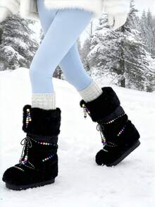 Knee High Boots For Women Mid-Calf Flat Fuzzy Boots Round Toe Slip On Boots Lace Up Bow Comfortable Boots Party Dressy Outdoor Fashionable Fashion Boots - 黑-A - 查看 3