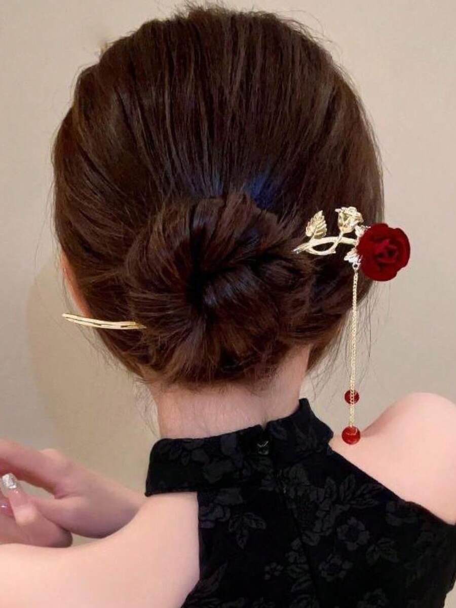 1pc New Tassel Red Rose Flower Chain Pendant Hair Clip, Combs, Side Comb