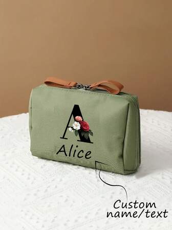 1pc Personalized Elegant Monogrammed Cosmetic Bag, Multifunctional Portable Travel Toiletry Pouch For Women, Perfect For Business Trips And Personal Use, Durable Polyester With Zipper Closure - Machine Washable - Makeup Travel Bag,Customized Toiletry Bags,Easy Comfort