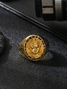 1pc Vintage Gold-Tone Buddha Head Signet Ring For Men, With Facial Expression, Topknot, And Vermilion Dot, Featuring Intricate Black Floral Engraving On The Band, Exuding A Solemn And Luxurious Religious Cultural Vibe And Exquisite Metalcraft - Gold - View 11