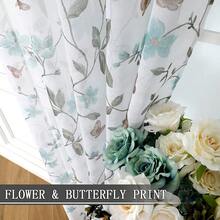 Tollpiz Sheer Floral Curtain Valance Blue Flower Butterfly Printed Bedroom Curtain Valances Rod Pocket Voile Faux Linen Window Valance Curtains For Living Room, 54 X 16 Inches Long, Set Of 1 Panel,54inchWx16inchL(Packof1),Blue - Blue - 查看 3