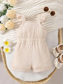 Baby Girl Summer Fashion Cute Casual Pure Cotton Crepe Ruffle Strap Big Bow Romper - Apricot - View 3