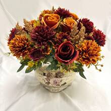 秋季人造牡丹花丝绣球玫瑰花束，人造花卉新娘捧花装饰家居装饰配件情人节花瓶婚礼花束花园玫瑰拱门客厅装饰新年装饰观赏花盆，DIY婚礼捧花，派对餐桌装饰 - 亮橙色 - 查看 3