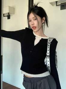 韩版设计 V 领修身二合一长袖针织毛衣，女式分层套头衫