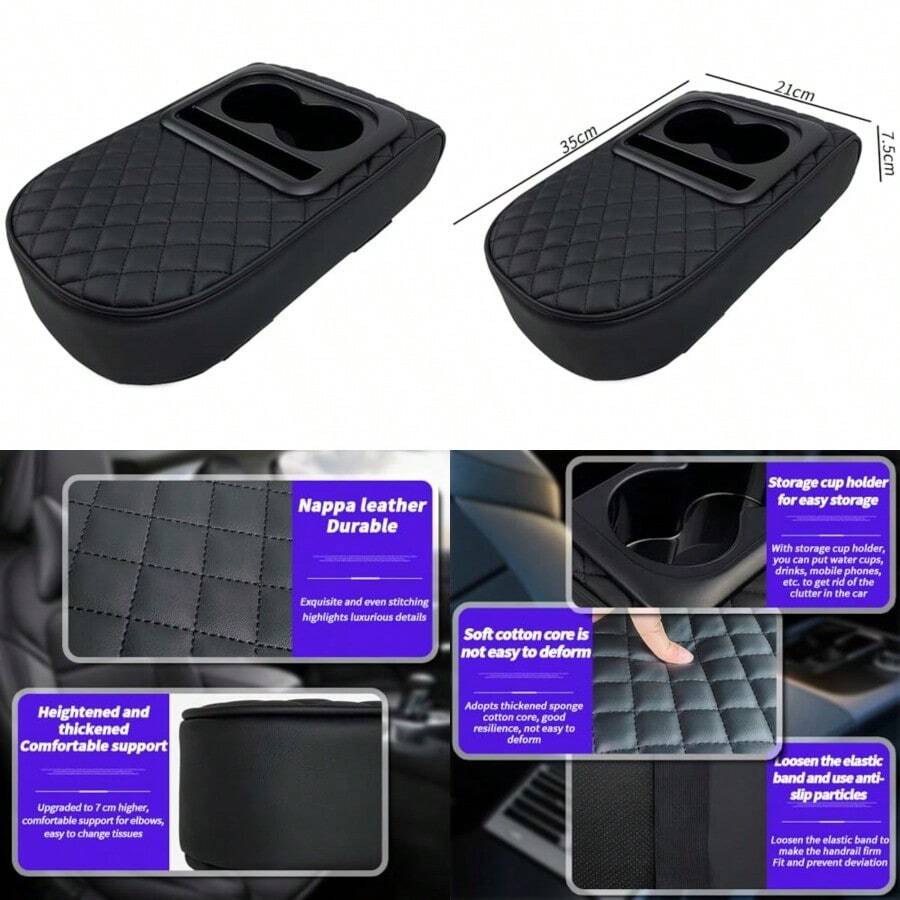 New TOMVAES Car Armrest CoverLeather Armrest Support Elbow Rest Pillow Auto Center Console Cushion Pad With Cup Holder And Organizer For SUV/Truck/Vehicle Black - As Pic - View 1