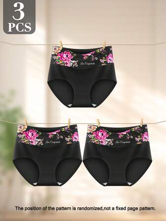3 Stücke Damen Slips mit hoher Taille, Bauchkontrolle & Lifting, romantischer Blume Muster, bequem & atmungsaktiv