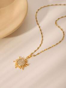 1pc Fashion Sunflower Rhinestone Stainless Steel Gold Plated Chain Necklace, Suitable For Women For Daily Wear, Meetings, Dates, Parties, Festivals - Yellow Gold - View 8
