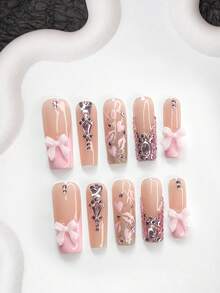 10pcs Premium Shiny Pink Nail Stickers, French Fake Nails, Hand-Painted Lips, Heart-Shaped Nail Decorations, Bows, Pink Butterfly Nail Accessories, Pink Nail Polish, Glitter Nail Polish, 3 Sizes Available (Almond, Duck Mouth, Coffin), Includes Nail Tools (1 Jelly Sticker + 1 Nail File), Suitable For Daily Commute, Valentine's Day, Wedding, Party, Etc. Nail Supplies - 彩色 - 查看 10