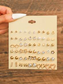 30pcs/Set Creative Stud Earrings, Geometric Shapes, Faux Pearl, Metal, Rhinestone, Assorted Designs, Jewelry Gift Set For Women, Suitable For Daily Wear & Vacation - Yellow Gold - View 2
