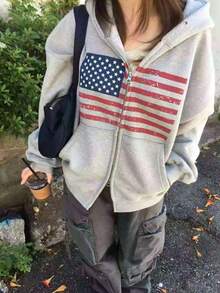 休闲宽松拉链卫衣外套，复古美式街头风 - 灰色 - 查看 1