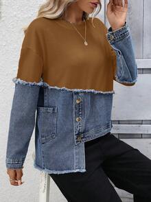 女士优雅拼接卫衣上衣，春秋季 - 焦糖藍 - 查看 5