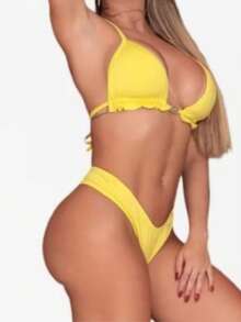 Elegant String Bikini With Padded Cups And High-Cut Leg, Tie-Back Closure, Perfect For Beach Vacations. - Yellow - View 4