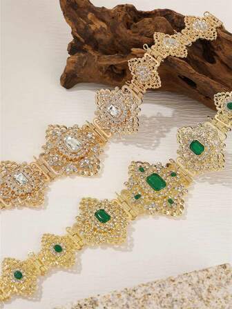 1 pieza Cinturón de metal con incrustaciones de strass de lujo para mujeres, ajustable, adecuado para bodas de Oriente Medio, marroquíes, árabes, fiestas, festivales y uso diario