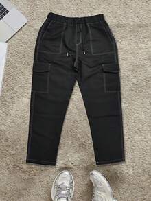 男士多口袋工装裤，休闲宽松版型，适合海滩、度假、日常通勤、运动、户外、健身、慢跑等各种场合，宽松直筒裤型，时尚街头服饰 - 黑色 - 查看 2