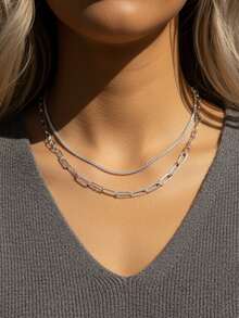 1pc Sparkling Double-Layered Chain Necklace, 925 Sterling Silver, Delicate And Elegant, Suitable For Daily Dating Wear, Birthday Gifts - Necklace - View 2