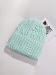 1顶冬季帽子，纯色可爱毛绒针织帽，柔软保暖滑雪帽，女士时尚翻边纯色骷髅针织帽，男女通用休闲抓绒帽