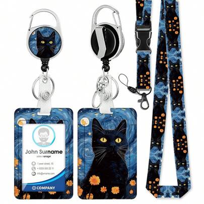 4款猫咪图案证件套，带可拆卸挂绳，精美挂绳，适用于证件，带可伸缩证件卷轴和卡片夹钥匙链，可爱姓名证件夹，适合护士、教师、办公室礼品