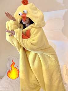Winter Women's Chick One-Piece Hooded Velvet Bathrobe Pajamas Home Clothes, Warm Velvet Coral Fleece, Funny Cartoon Animal One-Piece Pajamas, Soft Polyester Fiber, Simple Pajamas, Comfortable To Wear, Breathable Fabric, Suitable For Winter, Warm, Halloween Gifts, Theme Parties, Pajama Parties Bathroom Decor - Yellow - View 3