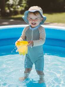 Cool Striped Zip-Up Swimsuit For Infant Boys  Contrast Color Long Sleeve Set With Sun Hat - Màu xanh bụi bặm - Xem 3