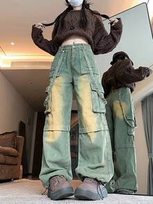 Straight Loose Wide Leg Jeans, High Street Design Cargo Pants For Women - Retro Blue - View 1