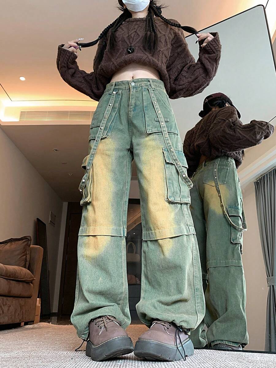 Straight Loose Wide Leg Jeans, High Street Design Cargo Pants For Women - Retro Blue - View 1