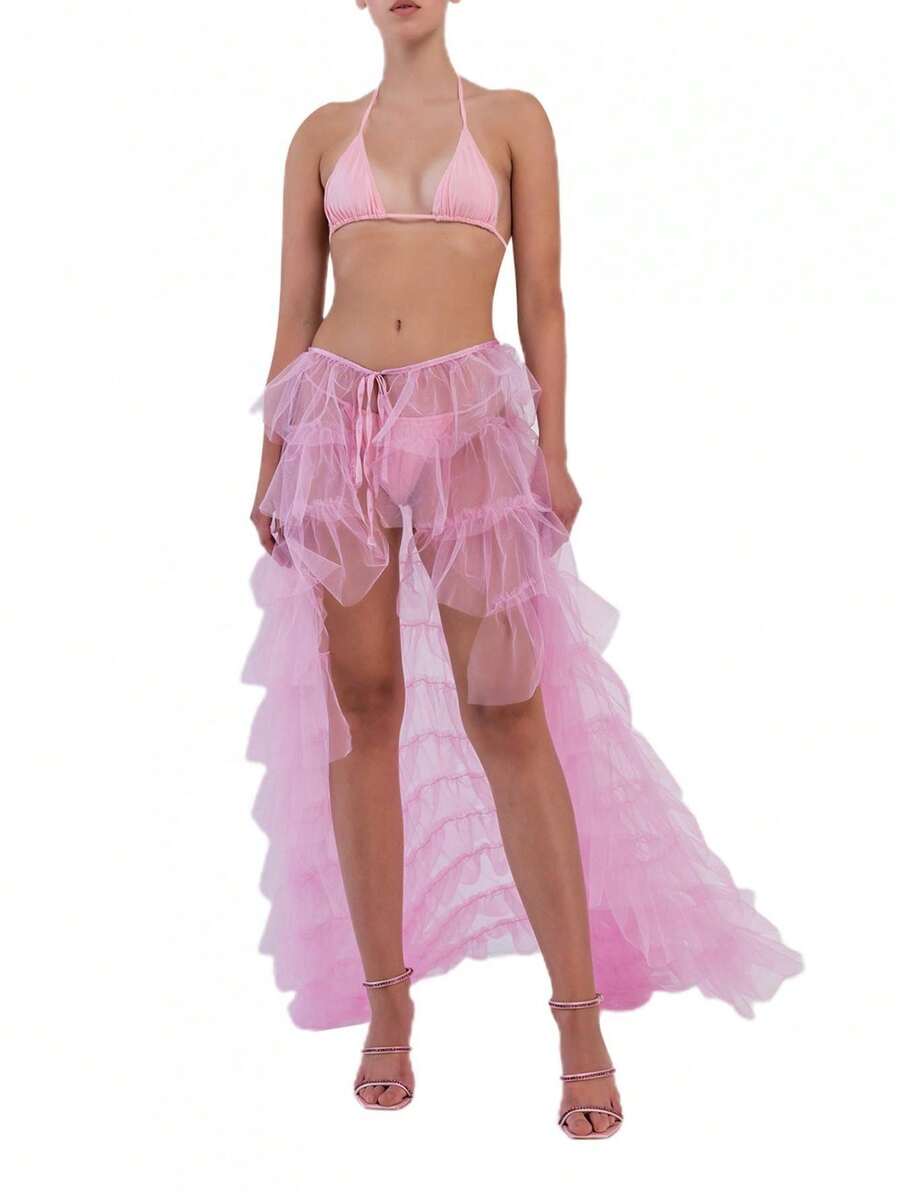 Women Tulle Skirt, Solid Color Mesh Tied-Up Irregular Floor-Length Party Skirt For Wedding Guest, Dinner, Cocktail Party - Hồng - Xem 1