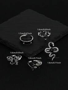 Set da 5 anelli in stile punk con fiori, cristalli e farfalle, set di anelli multicomponente con serpente, rosa e croce, per donne - Argento - Visualizzare 4