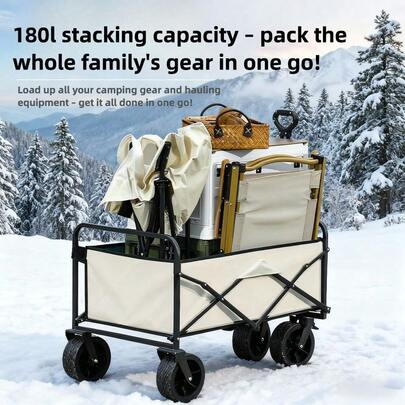 Large Capacity Outdoor Camping Utility Cart, All-Terrain Camping Wagon, Full Steel Frame, Auto-Retractable, Super Capacity Folding Cargo Cart, Portable Outdoor Wagon