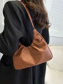 Fashionable Shoulder Bag, Pleated Fresh Solid Color Handbag With Underarm Design, Spring/Autumn - Brown - View 3