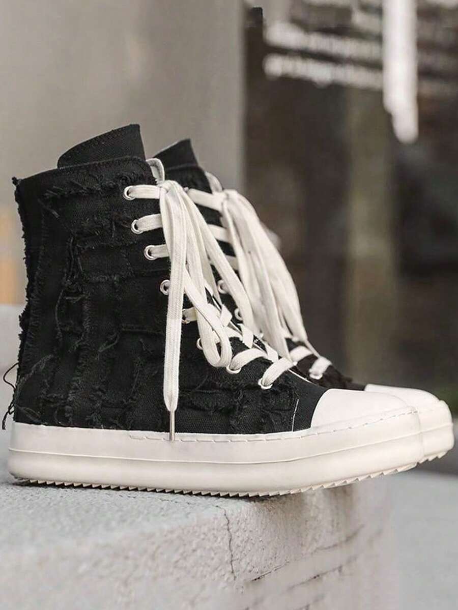1双情侣鞋，2025新款春季厚底增高复古运动高帮帆布鞋，侧拉链，男女通用 - 黑色 - 查看 1