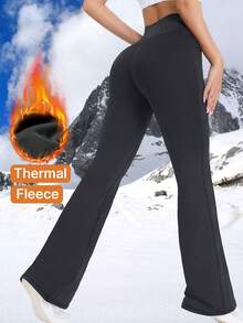 1pc Thermal Lined Yoga Flare Pants, Slim Fit Waist Shaping, Suitable For Gym, Running, Fitness, Yoga Training, Autumn/Winter, Stretchy Flared Dance Pants, Soft Thermal Lining