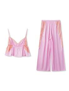 Women's Pajama Sets Lace Patchwork Spaghetti Strap Ruffled Cami Tops With Loose Pants 2Pcs Soft Sleepwear - Pink - View 2
