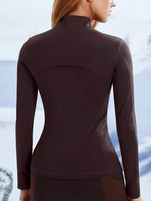 Leorrey 1 pièce Tenue de neige pour femmes, coupe slim, couleur unie, col montant, fermeture éclair, deux poches - Taupe - Voir 4