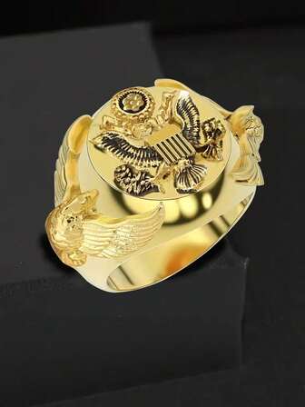 1pc Vintage Punk Unisex Ring - Golden Double Eagle Embossed Design, Retro Hip-Hop Style Universal Wedding Ring, Suitable For Parties, Carnivals, Valentine'S Day, Father'S Day Gifts - Durable Jewelry All Year Round, For Teenager