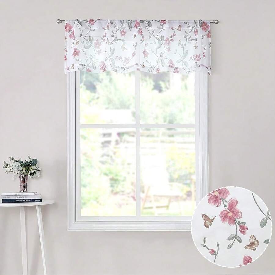Tollpiz Sheer Floral Curtain Valance Pink Flower Butterfly Printed Bedroom Curtain Valances Rod Pocket Voile Faux Linen Window Valance Curtains For Living Room, 54 X 16 Inches Long, Set Of 1 Panel,54inchWx16inchL(Packof1),Pink - Pink - 查看 1