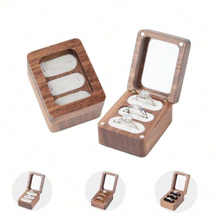 Wooden Ring Box, 3 Slots Wooden Ring Holder Box With Clear Window,Travel Ring Jewelry Storage Daily Organizer,Ring Box Proposal For Engagement Wedding,White - Trắng - Xem 1