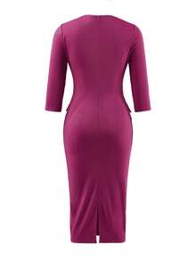 Elegant 2 In 1 Mid-Length Dress, Fitted Silhouette, Suitable For Workplace, Afternoon Tea, Church, Formal Occasions. Solid Color, Faux Pocket Design, Square Neckline, Comfortable Fabric, Versatile For Spring, Summer, Autumn, Office, Daily Wear, Dates, Birthdays, Parties - Red Violet - View 6