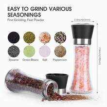 Premium Pepper And Salt Grinder Set Of 2-Refillable Coarseness Adjustable Pepper Mill Shaker With Glass Body For Home,Kitchen(Two Pack) - 黑色 - 查看 2