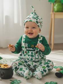 Conjuntos de ropa de primavera para bebés varones de Irish Day, mono de manga larga con cuello redondo y estampado de letras, pantalones con tirantes y estampado de trébol, sombrero, ropa de ocio sencilla ideal para 0 a 12 meses - Verde - Ver 4