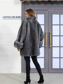 Plus Size Faux Fur Animal Print Fashionable Jacket, Everyday Wear, Autumn/Winter - Grey - View 2